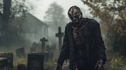 Obraz premium Realistic zombie with decayed skin and torn clothing walking through a foggy graveyard