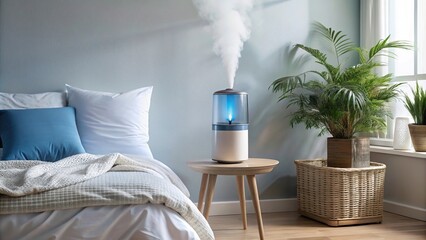 Bedroom setting with white and blue humidifier, lamp, plant, and bed with white comforter