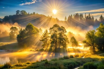 Obraz premium Morning Light Casts Ethereal Glow Over Serene Landscape Creating a Magical and Tranquil Atmosphere