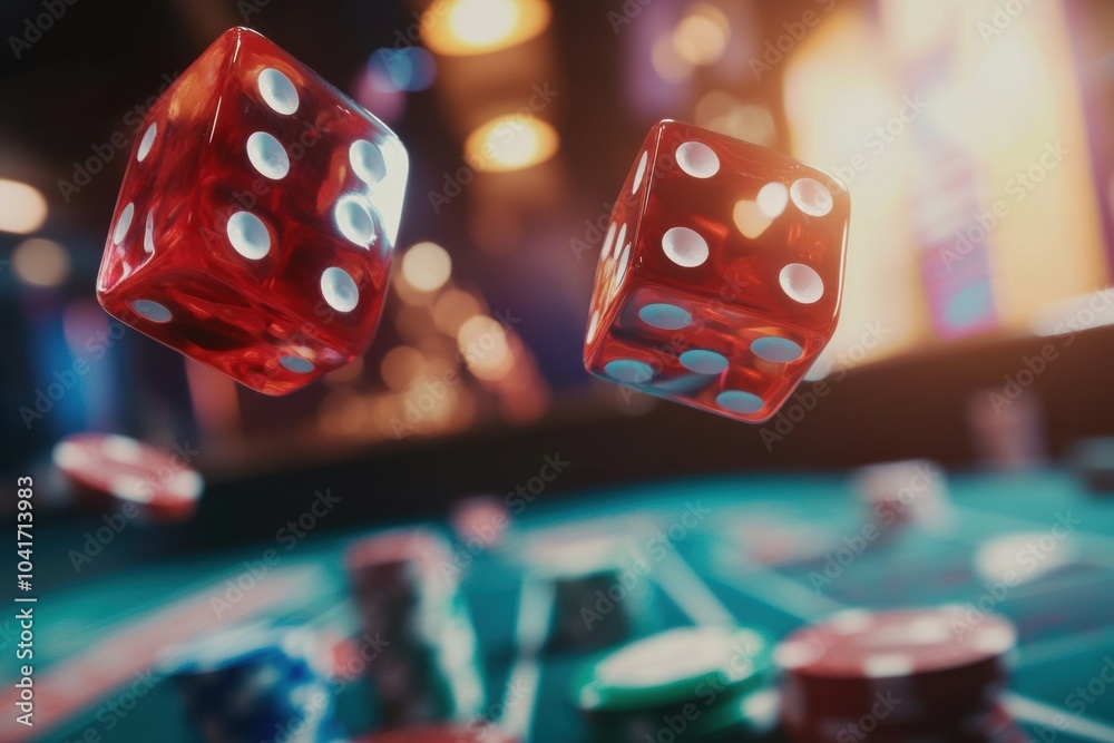 Poster the red dice are mid-air above a craps table filled with colorful chips, capturing the excitement of