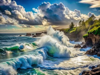 Fototapeta premium Ocean waves crashing against the shore, creating a powerful roar that echoes through the air