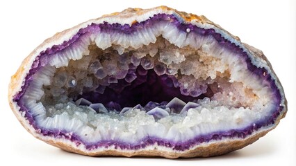 Big geode found in Europe with white and purple crystals in the inside isolated Forced Perspective