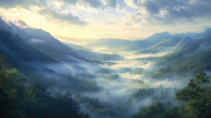 Obraz premium Fog cascading over a peaceful mountain valley at dawn, creating a surreal, dreamlike landscape bathed in soft light