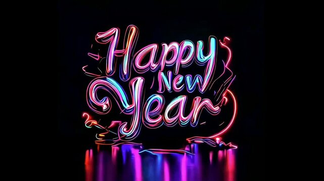 Text Happy Nee Year written in colorful leathers changing colors on black background, seamless loop video
