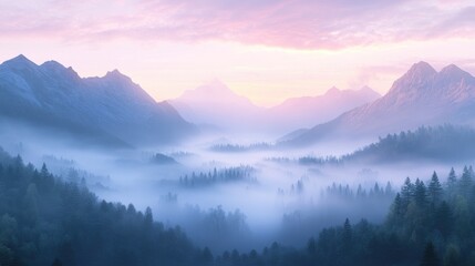 Misty fog rolling over a peaceful mountain valley at dawn, creating a tranquil, ethereal landscape filled with dreamlike beauty