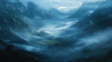 Serene fog rolling over a mountain valley at first light, creating an ethereal and dreamlike landscape of misty beauty