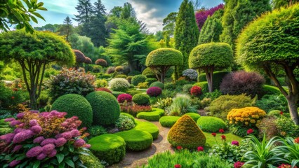Obraz premium Serene garden oasis enveloped by lush greenery and vibrant foliage showcasing nature's beauty
