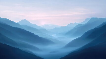 Fototapeta premium Soft fog rolling over a mountain valley at first light, creating a calm, ethereal landscape with a dreamlike quality