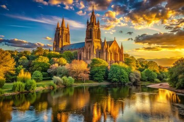 Fototapeta premium Serene Nature Cathedral Surrounded by Lush Greenery and Warm Light Creating a Peaceful Atmosphere