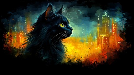 Black cat with yellow eyes gazing at a cityscape with warm glowing windows and splotches of orange and blue paint
