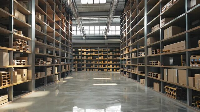 A spacious warehouse interior with tall, organized shelving units filled with storage boxes. Natural light floods the polished concrete floor, emphasizing order and effecticiency.