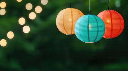 Decorative lanterns glowing in the night, creating a magical Festival of Lights ambiance