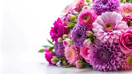 Beautiful bouquet of pink and purple flowers on white background with shallow depth of field