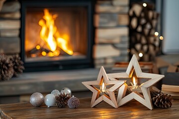 Christmas modern decoration on table against burning fireplace. Stylish wooden star decor in...