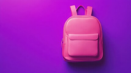 A pink backpack on a bright purple background