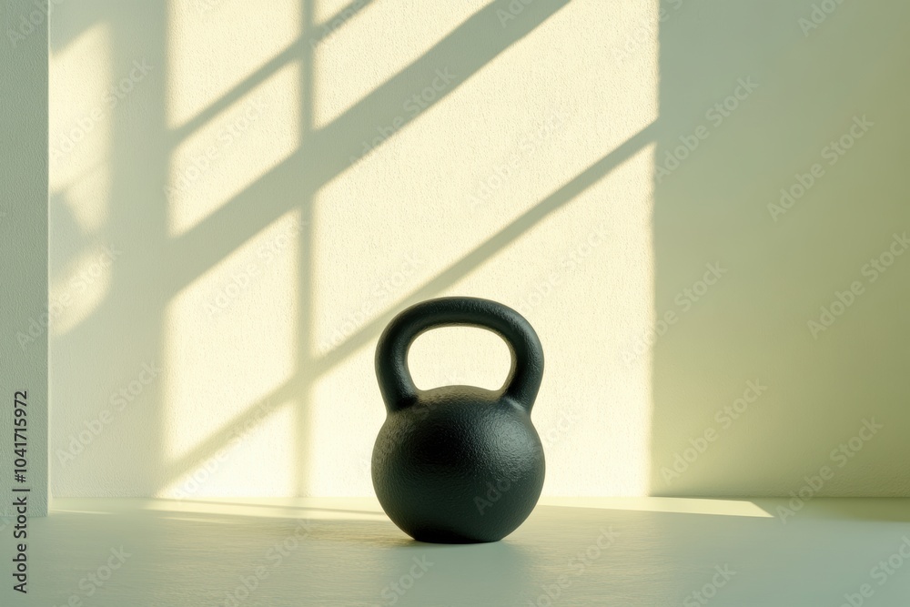Poster A black kettlebell is situated on a smooth surface, illuminated by natural light filtering through window shadows, creating an inviting atmosphere. Generative AI