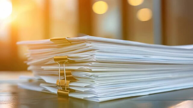 A close-up of a tidy stack of documents held by a metal binder clip, bathed in warm sunlight, evokes a serene office vibe. Soft bokeh adds to the theme of productivity.