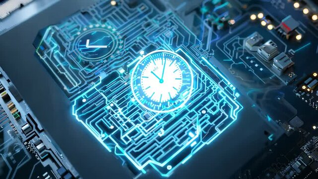 A close-up of a modern circuit board showcases intricate patterns and glowing components, featuring a digital clock interface with a futuristic aesthetic. Ideal for tech themes.
