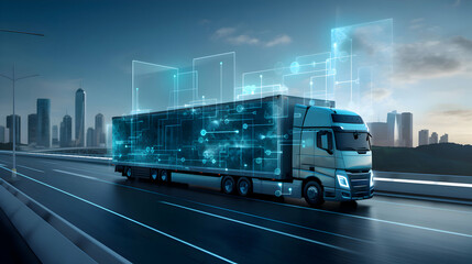 cool blue/gray truck on highway - trucking, road freight, delivery, info-graphics - transport logistics network technology