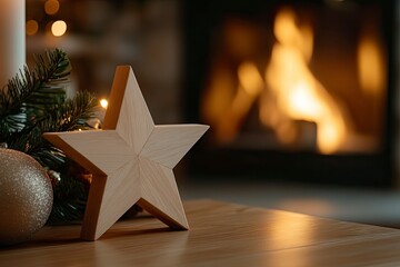 Christmas modern decoration on table against burning fireplace. Stylish wooden star decor in...