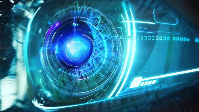 A close-up of a futuristic human eye reveals a detailed iris with vibrant blue and brown patterns, enhanced by glowing holographic elements, symbolizing advanced technology and innovation.