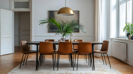 Modern Dining Room Design with Wooden Table and Leather Chairs