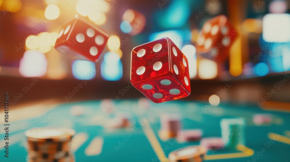 Aufkleber red dice are airborne over a vibrant craps table, surrounded by colorful chips during a thrilling ni