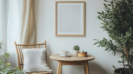 Cozy Living Room Decor with Wooden Table, Chair, and Plants