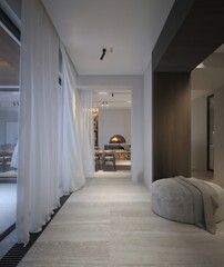 Corner of stylish dining room with white walls, wooden floor, long dining table with grey chairs and big fireplace standing on the floor. 3d rendering