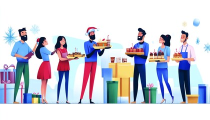 Obraz premium Holiday Celebration with Gift Exchanges and Festive Treats: A Colorful Gathering of Friends Sharing Joy and Presents