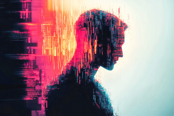 Obraz premium A vibrant digital silhouette with dynamic colors and glitch effects captures the fusion of technology and human emotion beautifully.
