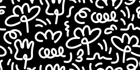 Fun line doodle seamless pattern. Monochrome wave pattern. Black white wallpaper