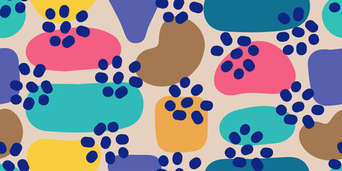 Colorful Seamless Abstract Pattern on White Background,  trendy design with basic shapes. Modern color wallpaper print backdrop.