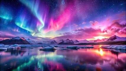 beautiful panoramic scene of pink and purple aurora borealis dancing over glacier