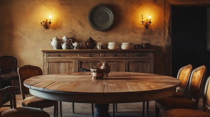 A stylish dining area adorned with a rustic wooden dining table surrounded by vintage chairs. The space features antique dishware displayed on a sideboard and warm ambient lighting.