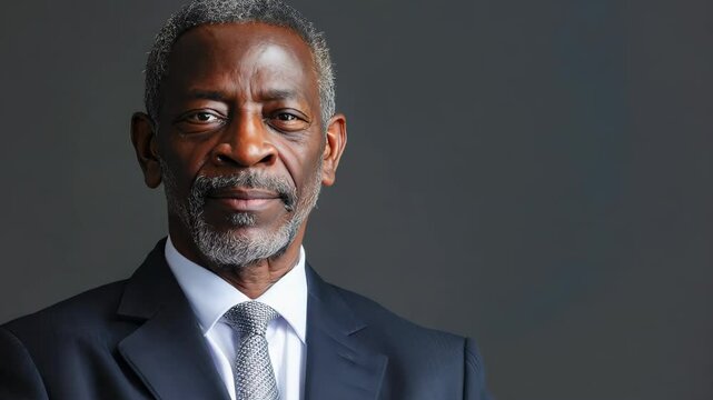 A distinguished older man exudes confidence in a tailored dark suit, crisp white shirt, and patterned tie. His authoritative presence is perfect for business and leadership themes.