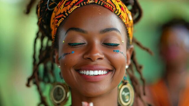 A joyful woman with braided hair and traditional attire smiles peacefully with hands in prayer, celebrating culture in a vibrant, outdoor festival surrounded by others.