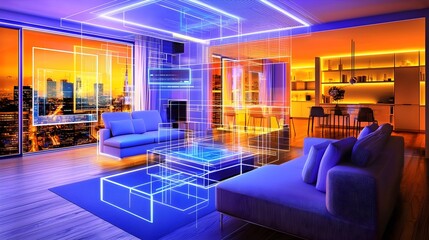 Futuristic home office featuring advanced holographic technology and floating virtual workspaces showcasing the of cutting edge design and innovative solutions for modern productivity and efficiency