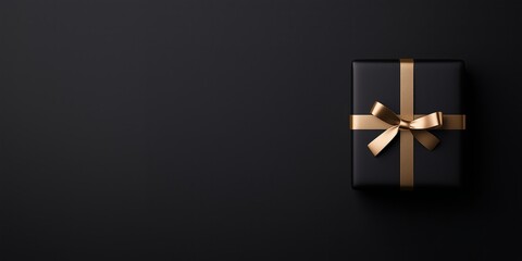 Obraz premium Top view minimalistic luxury black gift box with golden bow. Monochrome wide banner with wrapped present on solid background with copy space. Perfect for black friday sale or world shopping day promo.