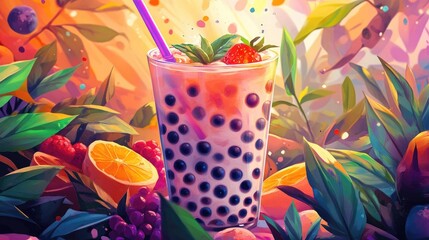 Colorful Smoothie Surrounded by Fresh Fruits and Plants