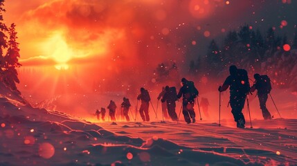 Fototapeta premium A group of athletes is engaged in a biathlon training session, trekking through deep snow as the sun sets, illuminating the landscape