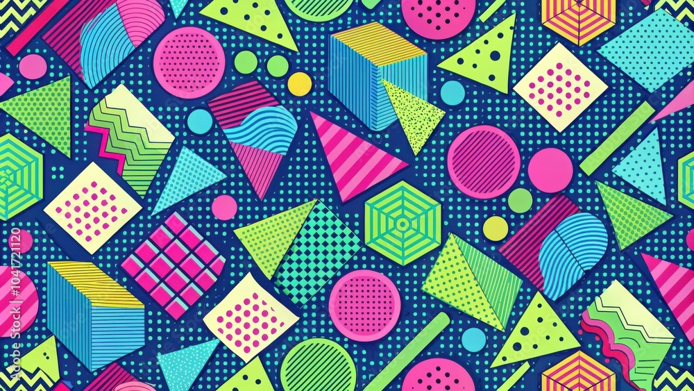 Poster a vibrant and bold geometric pattern with various shapes and colors, including circles, squares, tri