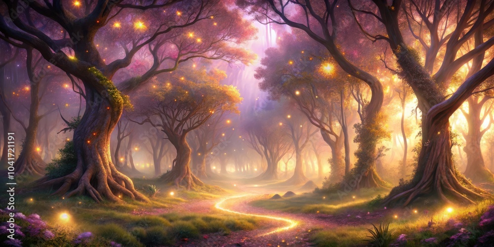 Aufkleber a magical forest path illuminated by glowing fireflies, winding through towering trees and vibrant f