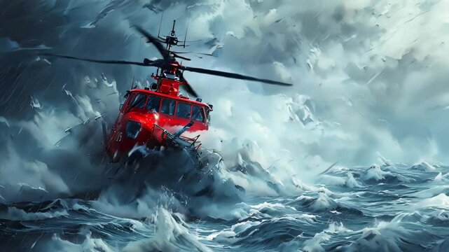 A vivid scene of a bright red rescue helicopter soaring above tumultuous seas and dark storm clouds, highlighting the bravery and challenges of maritime rescue missions.