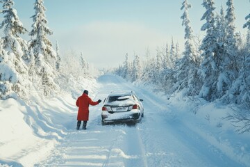 Frustrated motorist is waiting for help after his car got stuck in the snow on a remote road