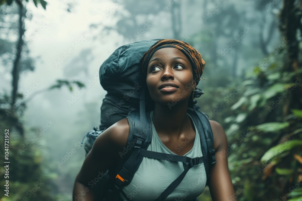 Wall mural young female hiker is enjoying the beauty of nature while exploring a tropical rainforest