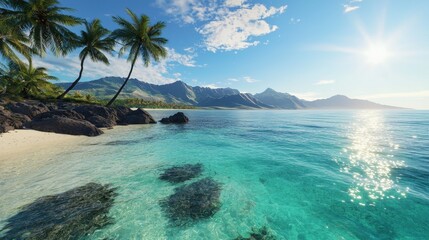 Obraz premium A serene beach scene featuring clear turquoise waters, rocky formations, lush palm trees, and mountains under a bright, blue sky.
