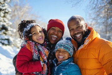 Cheerful family is posing covered in snow in a forest