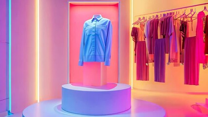 A light blue shirt displayed on a circular pedestal is highlighted by vibrant pink and orange neon lights. Chic dresses hang in the backdrop, creating a trendy atmosphere.
