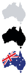 Fototapeta premium Set of maps. Outline of the maps of Australia. Map of Australia in grey/black colour.Map of Australia in colour with flag.